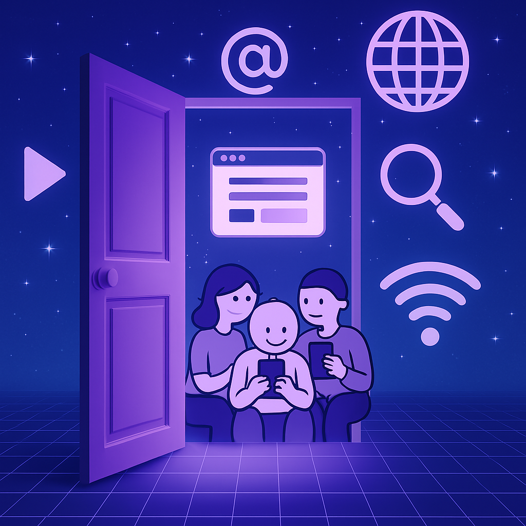 Digital transformation illustration showing a family using digital devices with internet icons in a purple themed environment